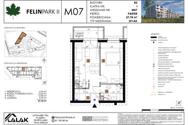 Rzut - Mieszkanie na sprzedaż 2 pokoje o powierzchni 37,76 m² - numer M07 w Felin Park II etap 2