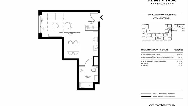 Rzut - Mieszkanie na sprzedaż 1 pokój o powierzchni 36,45 m² - numer C.03.02 w KANWA