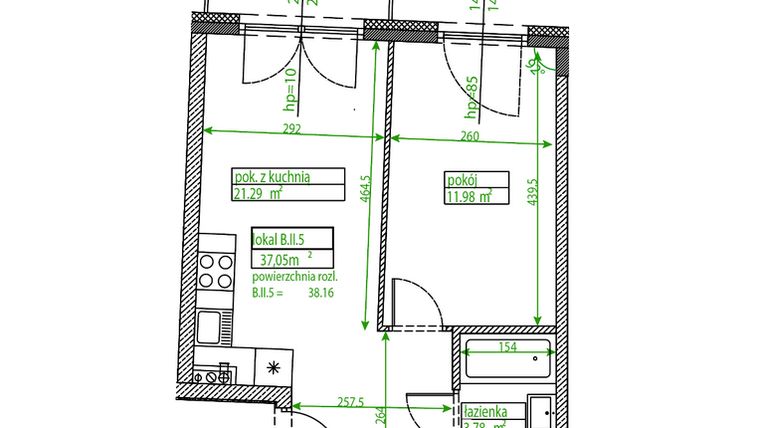 Rzut - Mieszkanie na sprzedaż 1 pokój o powierzchni 36,97 m² - numer B.II.5 w Osiedle Opolska