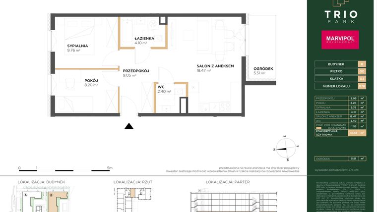 Rzut - Mieszkanie na sprzedaż 3 pokoje o powierzchni 53,53 m² - numer B078 w Trio Park