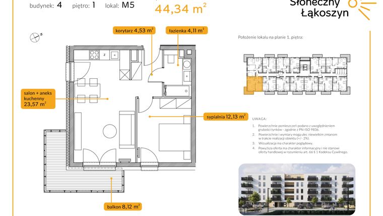 Rzut - Mieszkanie na sprzedaż 2 pokoje o powierzchni 44,34 m² - numer 4/M/1/5 w Osiedle Słoneczny Łąkoszyn bud. 4