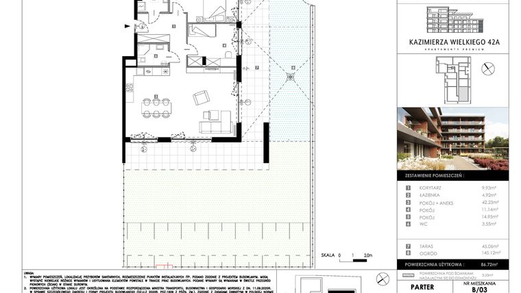 Rzut - Mieszkanie na sprzedaż 3 pokoje o powierzchni 86,72 m² - numer B03 w Kazimierza Wielkiego 42A etap II
