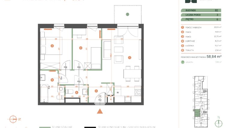 Rzut - Mieszkanie na sprzedaż 3 pokoje o powierzchni 58,84 m² - numer M.06.04 w Casa Feliz Portowa