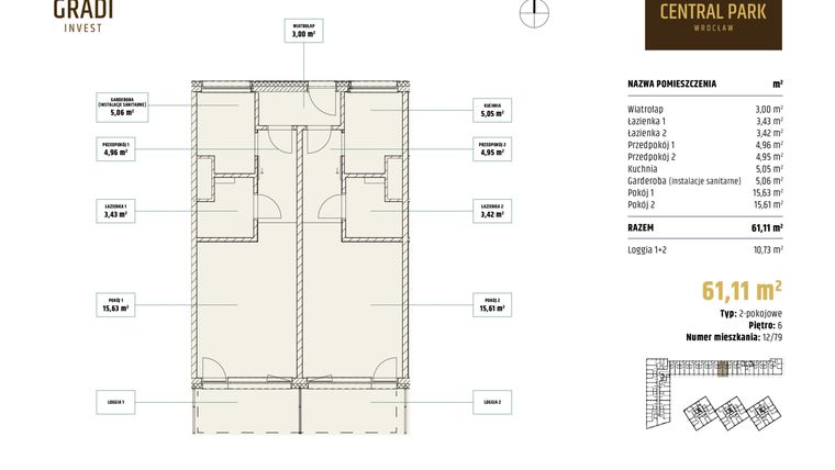 Rzut - Mieszkanie na sprzedaż 2 pokoje o powierzchni 61,11 m² - numer 12.79 w Apartamenty Central Park Wrocław