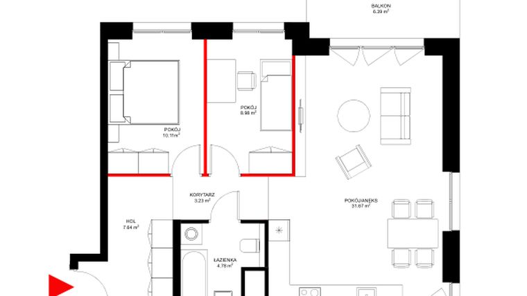 Rzut - Mieszkanie na sprzedaż 3 pokoje o powierzchni 66,41 m² - numer E.1.8 w INSPIRE ETAP IV – bud. E