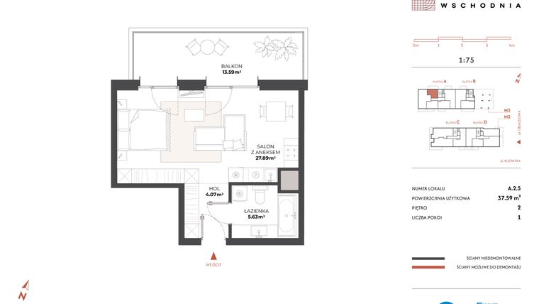 Rzut - Mieszkanie na sprzedaż 1 pokój o powierzchni 37,59 m² - numer A.2.5 w Drucianka Wschodnia