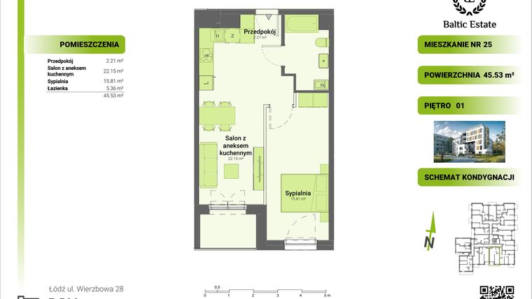 Rzut - Mieszkanie na sprzedaż 2 pokoje o powierzchni 46,09 m² - numer 01.M.25 w Dom Architekta