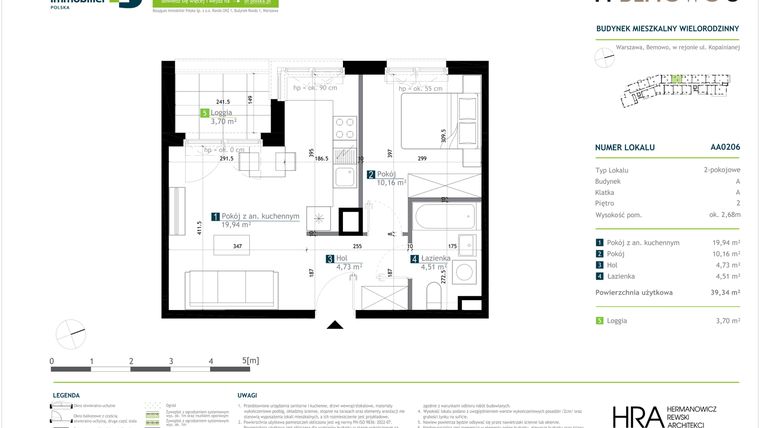 Rzut - Mieszkanie na sprzedaż 2 pokoje o powierzchni 39,34 m² - numer AA0206 w M Bemowo 3