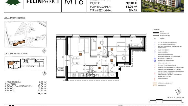 Rzut - Mieszkanie na sprzedaż 3 pokoje o powierzchni 56 m² - numer M16 w Felin Park II