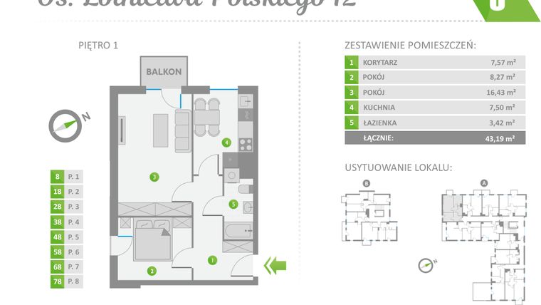Rzut - Mieszkanie na sprzedaż 2 pokoje o powierzchni 43,19 m² - numer 8 w Os. Lotnictwa Polskiego 12