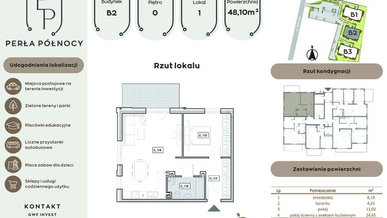 Rzut - Mieszkanie na sprzedaż 2 pokoje o powierzchni 48,1 m² - numer B2.0_1 w Perła Północy etap 2