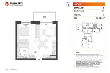 Rzut - Mieszkanie na sprzedaż 1 pokój o powierzchni 34,28 m² - numer 5 w Locus 2