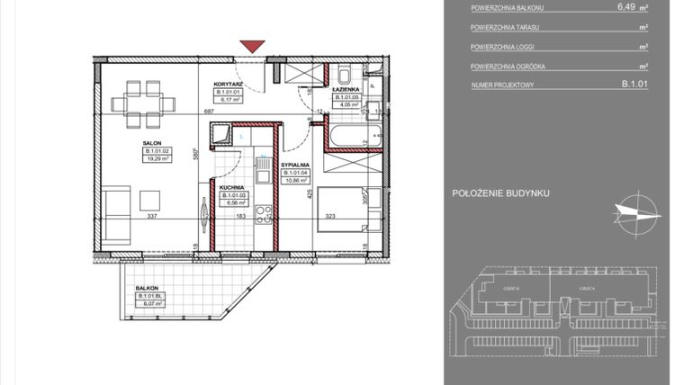 Rzut - Mieszkanie na sprzedaż 2 pokoje o powierzchni 49,5 m² - numer B.1.01 w Osiedle Nad Płonką
