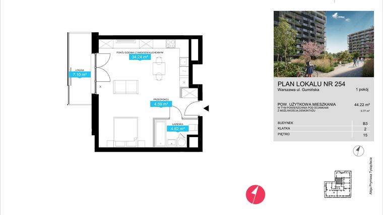 Rzut - Mieszkanie na sprzedaż 2 pokoje o powierzchni 44,22 m² - numer B3.254 w Stacja Wola - Etap III
