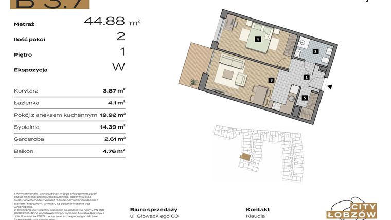 Rzut - Mieszkanie na sprzedaż 2 pokoje o powierzchni 44,88 m² - numer B 3.7 w City Łobzów