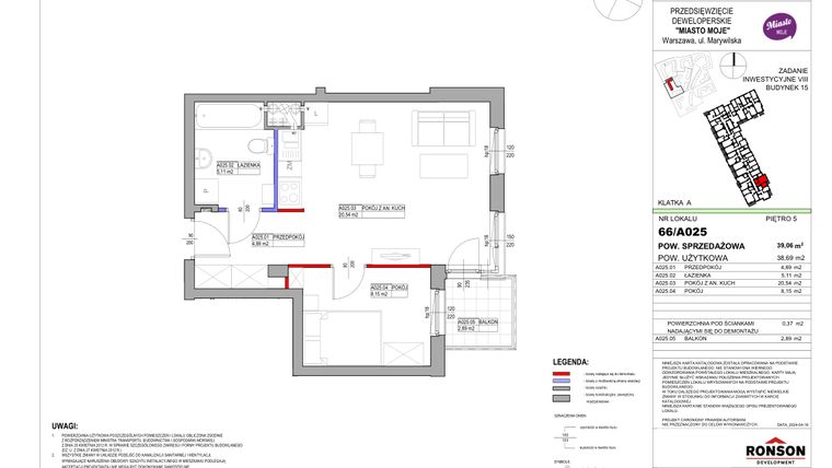 Rzut - Mieszkanie na sprzedaż 2 pokoje o powierzchni 39,06 m² - numer 15_A025 w Miasto Moje 8