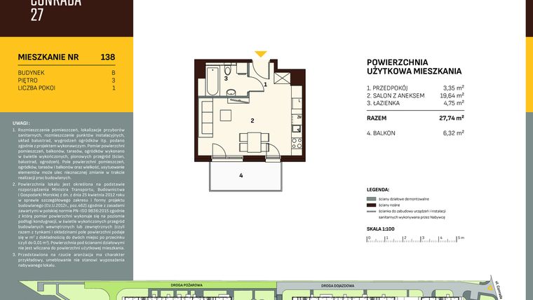 Rzut - Mieszkanie na sprzedaż 1 pokój o powierzchni 27,74 m² - numer B.138 w Conrada 27