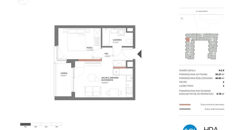 Rzut - Mieszkanie na sprzedaż 2 pokoje o powierzchni 40,05 m² - numer H.2.9 w Łopuszańska 47 - etap 3