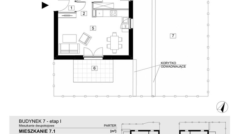 Rzut - Mieszkanie na sprzedaż 2 pokoje o powierzchni 43,42 m² - numer 7.1 w Jasieny