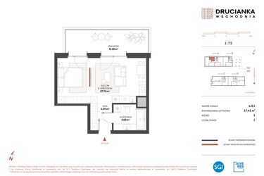 Rzut - Mieszkanie na sprzedaż 1 pokój o powierzchni 37,42 m² - numer A.2.5 w Drucianka Wschodnia