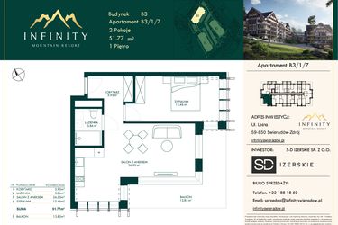 Rzut - Mieszkanie na sprzedaż 2 pokoje o powierzchni 51,77 m² - numer B3.1.7 w Infinity Mountain Resort