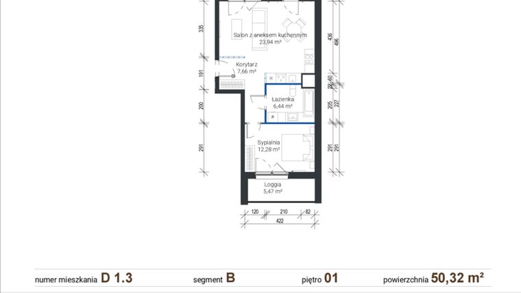 Rzut - Mieszkanie na sprzedaż 2 pokoje o powierzchni 50,32 m² - numer D 1.3 w Nowe Zabłocie