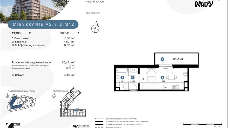 Rzut - Mieszkanie na sprzedaż 1 pokój o powierzchni 25,43 m² - numer A2.3.2.M12 w Nowe Promenady
