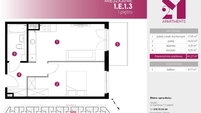 Rzut - Mieszkanie na sprzedaż 2 pokoje o powierzchni 41,27 m² - numer 1.E.1.3 w 2M Apartments etap IV