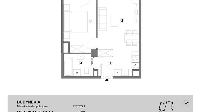 Rzut - Mieszkanie na sprzedaż 2 pokoje o powierzchni 43,93 m² - numer A1.1.5 w ATAL Grabiszyn