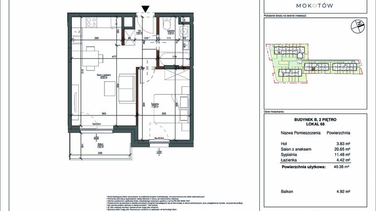 Rzut - Mieszkanie na sprzedaż 2 pokoje o powierzchni 40,38 m² - numer 68 w Aura Mokotów II