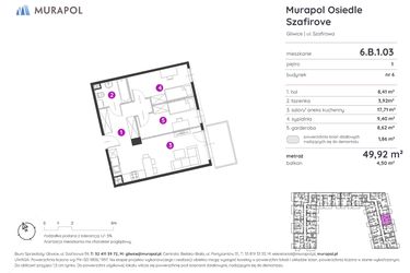 Rzut - Mieszkanie na sprzedaż 2 pokoje o powierzchni 49,92 m² - numer 6.B.1.03 w Murapol Osiedle Szafirove
