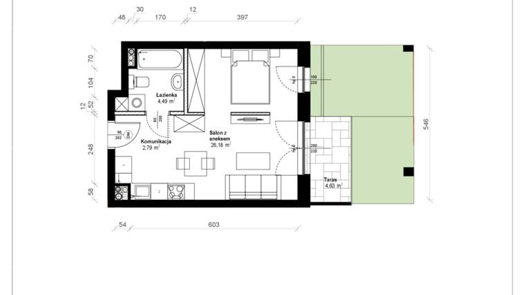 Rzut - Mieszkanie na sprzedaż 1 pokój o powierzchni 33,96 m² - numer B.0.10.1a w ATRIUM