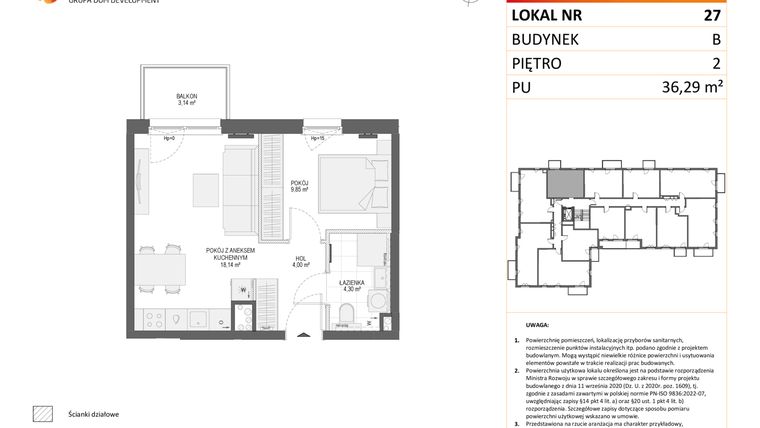 Rzut - Mieszkanie na sprzedaż 2 pokoje o powierzchni 36,29 m² - numer B27 w Osiedle Orzechowa