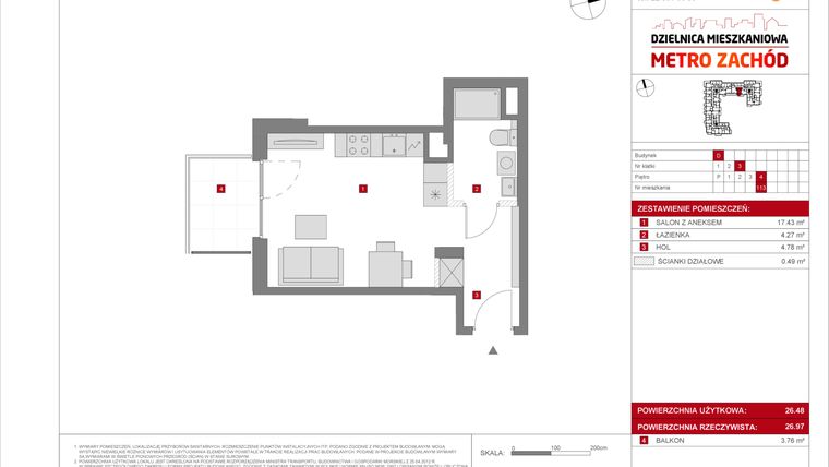 Rzut - Mieszkanie na sprzedaż 1 pokój o powierzchni 26,48 m² - numer D.113 w Dzielnica Mieszkaniowa Metro Zachód - etap 8.2