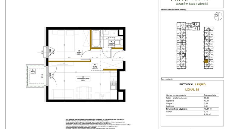 Rzut - Mieszkanie na sprzedaż 2 pokoje o powierzchni 40,95 m² - numer 88 w Aura Nova etap II