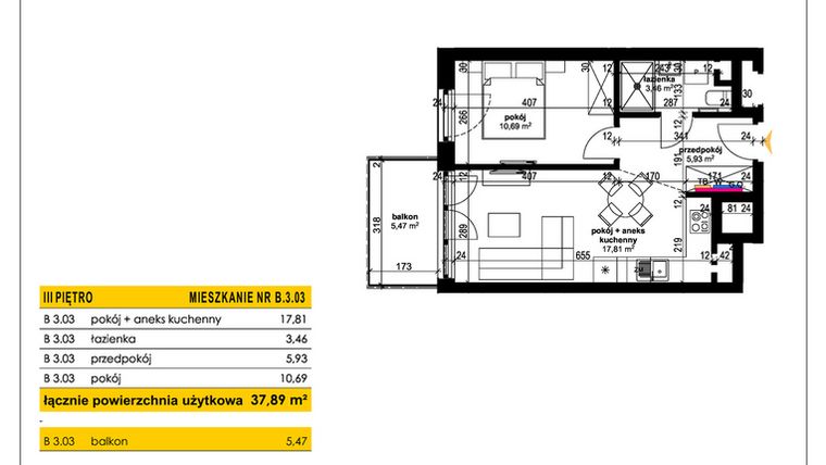 Rzut - Mieszkanie na sprzedaż 2 pokoje o powierzchni 37,89 m² - numer B 3.03 w Park Moniuszki II C