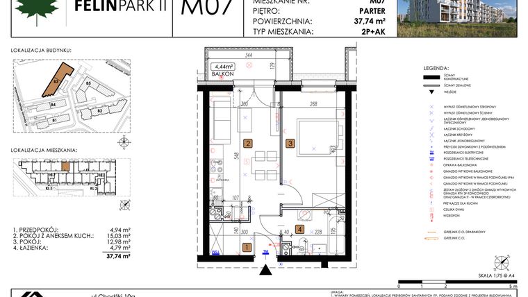 Rzut - Mieszkanie na sprzedaż 2 pokoje o powierzchni 37,76 m² - numer M07 w Felin Park II etap 2