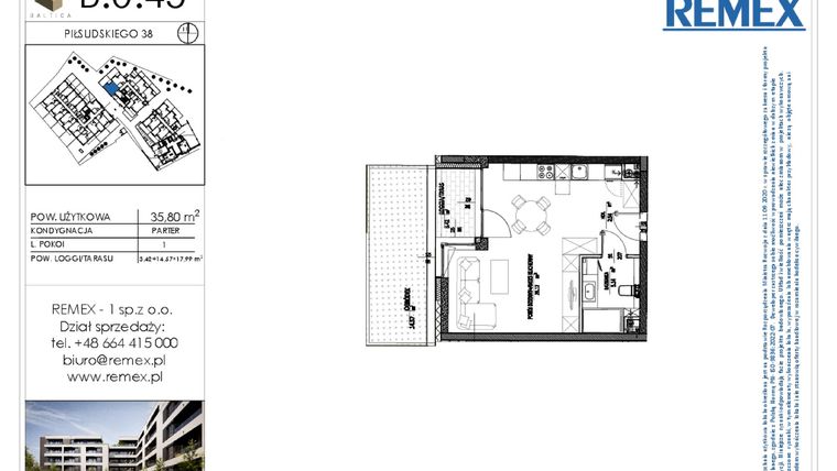 Rzut - Mieszkanie na sprzedaż 1 pokój o powierzchni 35,8 m² - numer B.0.45 w Osiedle BALTICA