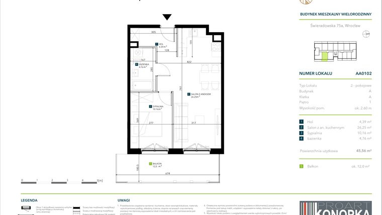 Rzut - Mieszkanie na sprzedaż 2 pokoje o powierzchni 45,56 m² - numer AA0102 w Vivre