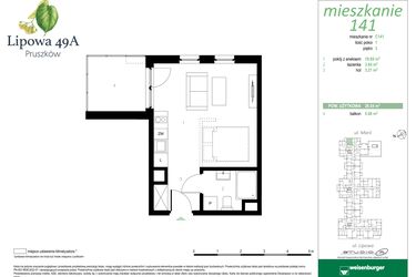 Rzut - Mieszkanie na sprzedaż 1 pokój o powierzchni 26,54 m² - numer 141C w Lipowa 49A