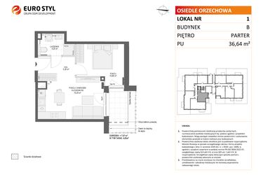 Rzut - Mieszkanie na sprzedaż 2 pokoje o powierzchni 36,64 m² - numer B1 w Osiedle Orzechowa