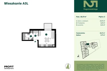 Rzut - Mieszkanie na sprzedaż 1 pokój o powierzchni 28,37 m² - numer POGO2/A/3L w Pogonowskiego 52
