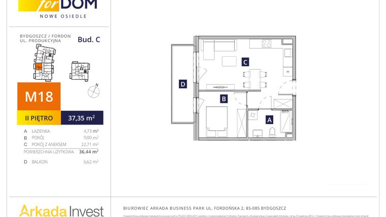 Rzut - Mieszkanie na sprzedaż 2 pokoje o powierzchni 36,44 m² - numer C18 w Osiedle forDOM – etap C