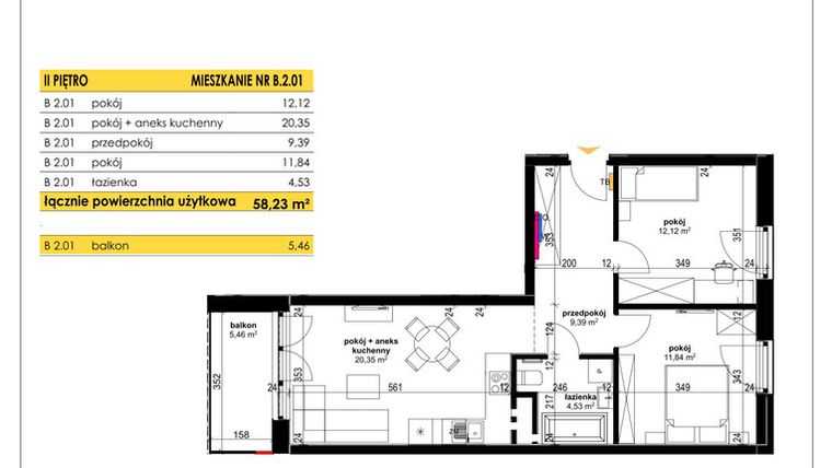 Rzut - Mieszkanie na sprzedaż 3 pokoje o powierzchni 58,23 m² - numer B 2.01 w Park Moniuszki II C