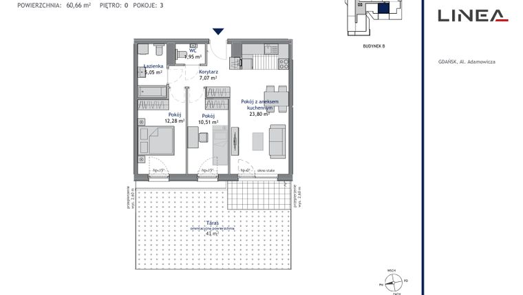 Rzut - Mieszkanie na sprzedaż 3 pokoje o powierzchni 60,66 m² - numer B.0.7 w Linea