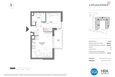Rzut - Mieszkanie na sprzedaż 2 pokoje o powierzchni 37,3 m² - numer G.3.7 w Łopuszańska 47 - etap 2
