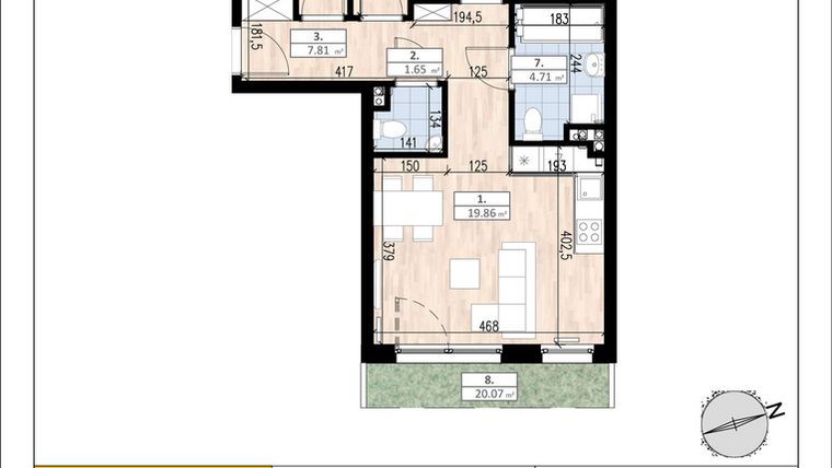Rzut - Mieszkanie na sprzedaż 4 pokoje o powierzchni 59,82 m² - numer B3/0/1 w ACCANTO