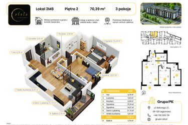 Rzut - Mieszkanie na sprzedaż 3 pokoje o powierzchni 70,39 m² - numer 2M08 w Złota Jabłonna