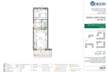Rzut - Mieszkanie na sprzedaż 2 pokoje o powierzchni 45,24 m² - numer N1.58 w Osiedle Narcyzowe etap 2