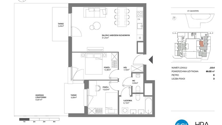Rzut - Mieszkanie na sprzedaż 3 pokoje o powierzchni 69,52 m² - numer J.0.4 w Łopuszańska 47 - etap 3